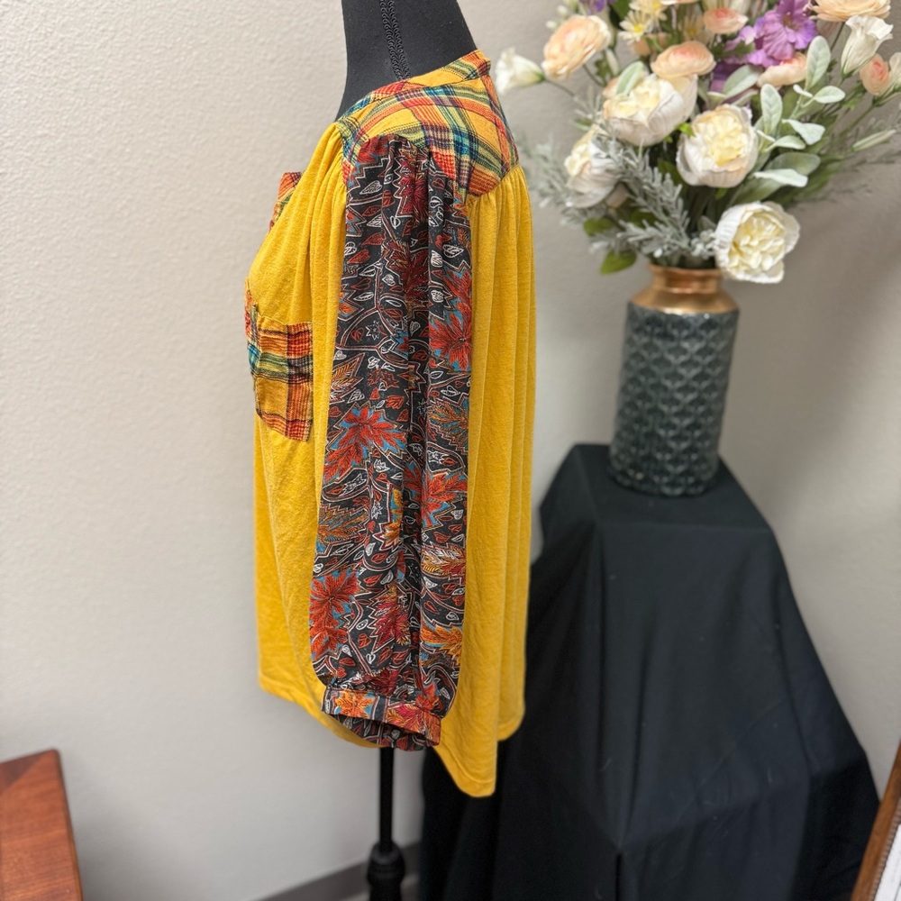 Umgee USA Mustard Boho Blouse - Plaid Trim & Paisley Sleeves | Size Large - Picture 2 of 7